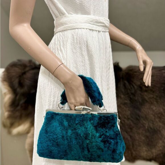 Peacock Blue Handmade Real Shearling Push Lock Clutch/Shoulder Bag/Crossbody - Picture 3 of 16